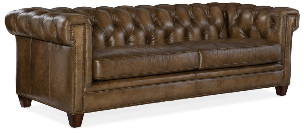 Hooker Furniture Chester Tufted Leather Sofa With Nailhead Trim And Rolled Arms, Walnut Finish, Classic Chesterfield Appeal Dark Brown SS195-03-083