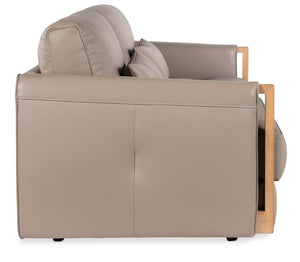 Hooker Furniture Meridian Sofa In Miami Truffle Semi-Aniline Leather With Light Wood Trim, Topstitching & Kidney Pillows SS417-03-074