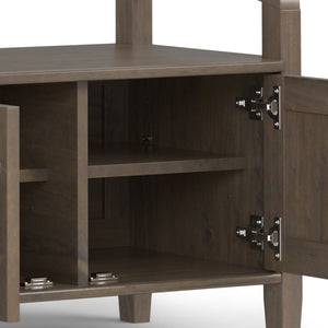 English Elm Lev Smoky Brown Entryway Storage Bench with 3 Doors, Spacious Seat for 2, Solid Wood, Grooved Detail B136P158817