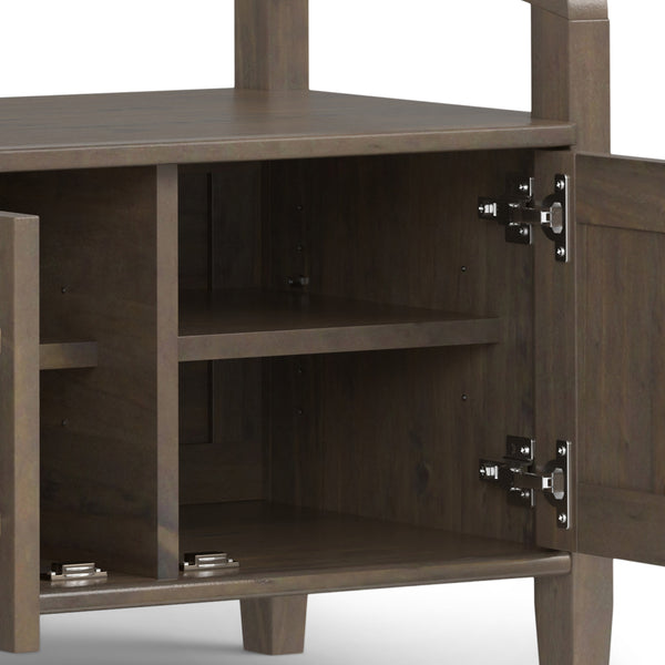 English Elm Lev Smoky Brown Entryway Storage Bench with 3 Doors, Spacious Seat for 2, Solid Wood, Grooved Detail B136P158817