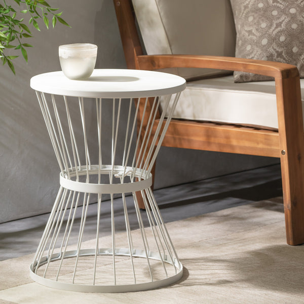 English Elm Lassen Outdoor Side Table Sculptural Hourglass Frame Compact Patio Accent 62073.00WHI