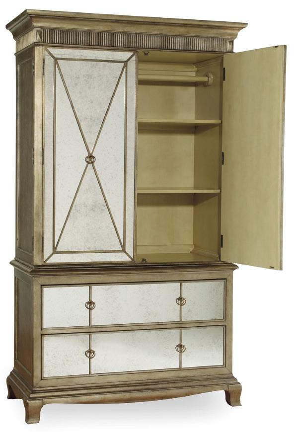 Hooker Furniture Sanctuary Mirrored Armoire In Visage Finish With Silver Leaf Trim, Cedar-Lined Drawer & Shelving 3016-90013
