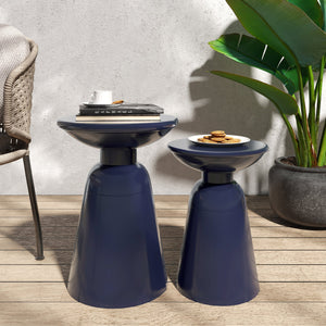 English Elm Serenita Outdoor Powder Coated Iron Pedestal Side Tables Sculptural Flared Set of Two Navy Blue 73614.00NBLU