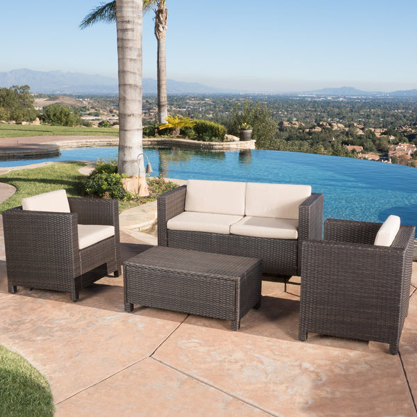 English Elm Puerta 4 Piece Outdoor Patio Set Pe Wicker Rattan with Iron Frame Cushioned Seating 52978.00DBRN