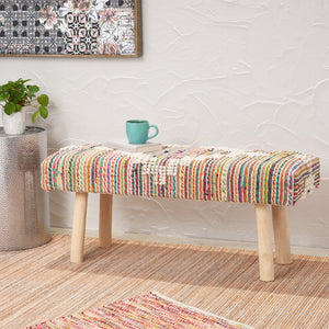 Christopher Knight Home® - Noble House - Laveta Handcrafted Boho Fabric Rectangular Bench, Ivory, Multicolor, and Natural