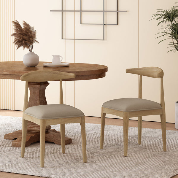 English Elm Dining Chair Set of Two Rubberwood Upholstered Seats Mid-century Modern Open Back Style Linen 74526.00PEBLN