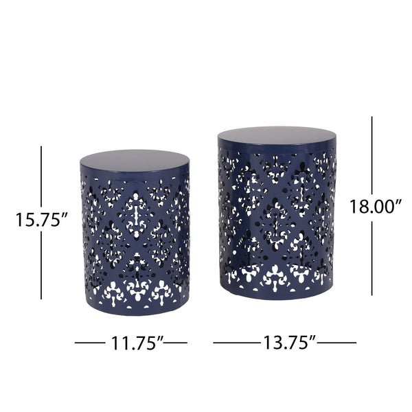 English Elm Metal Nesting End Table Set of Two with Floral Iron Cut Design for Living Room Navy Blue 73604.00NBLU