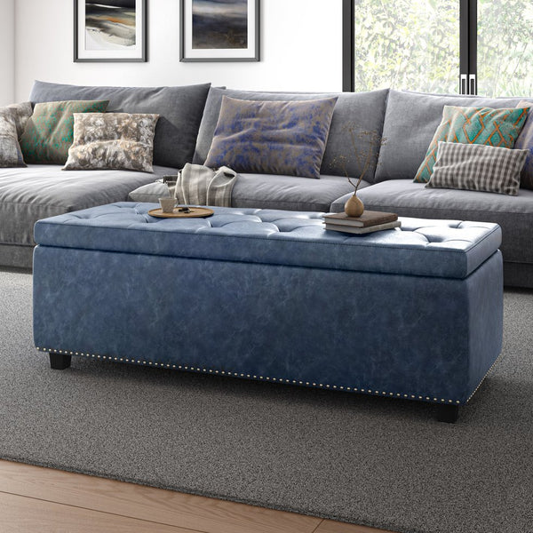 English Elm Hamilton Storage Ottoman - Elegant Denim Blue Faux Leather With Hidden Storage & Timeless Design B136P159060