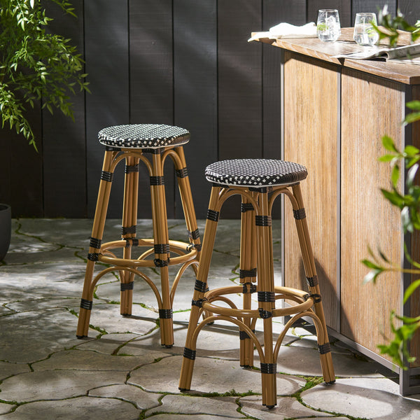 English Elm Outdoor Tropical Pe Rattan Backless Barstools Aluminum Frame Poolside Set of 2 72607.00BLK