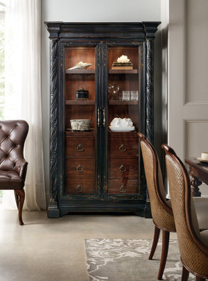 Hooker Furniture Charleston Two-Tone Display Cabinet With Glass Doors, Adjustable Shelves, Puck Lighting & Carved Accents 6750-75906-00