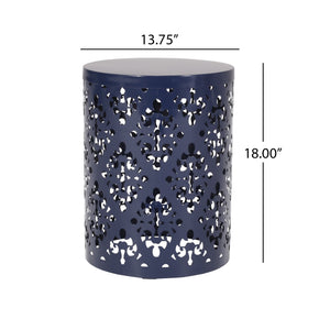 English Elm Outdoor Iron Accent Table Laser Cut Floral Cylinder Design for Patio or Balcony Navy Blue 73605.00NBLU