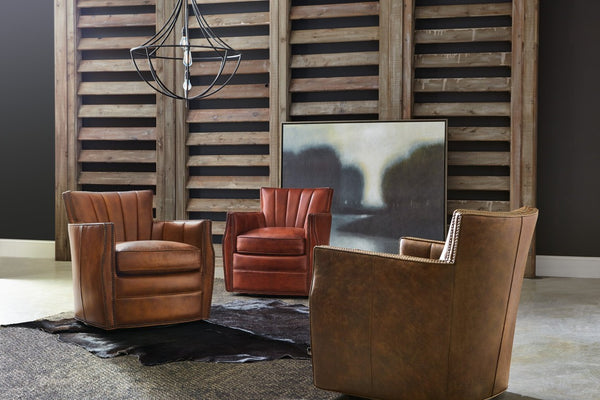 Hooker Furniture Carson Aniline Top-Grain Swivel Club Chair In Warm Brown Leather With Fan Back, Nailhead Trim & Comfort CC492-SW-086