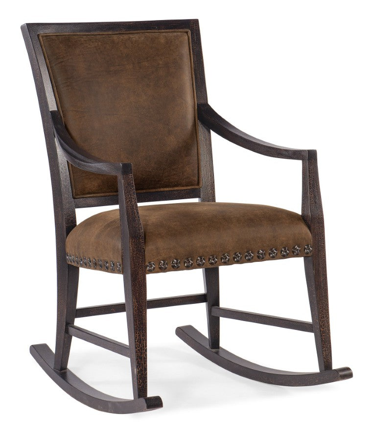 Hooker Furniture Big Sky Rocking Chair — Charred Timber Leather Rocker With Nailhead Trim, Distressed Rustic Charm 6700-50009-98