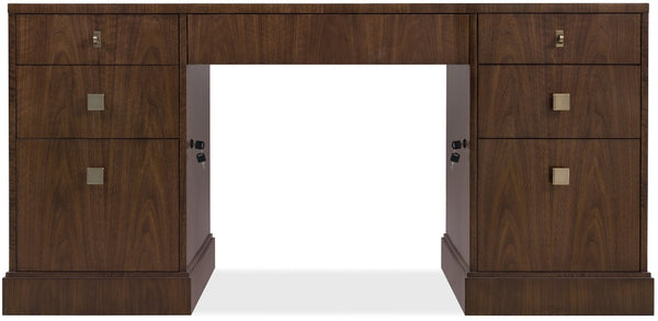 Hooker Furniture Archives Executive Desk In Classic Walnut With Satin Brass, 7-Drawer Storage, Cable Management Elegance 6123-10462-89