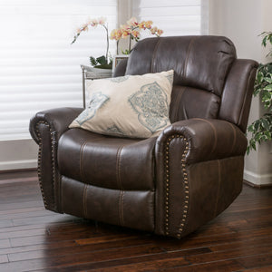 English Elm Christopher Knight Home® - GLIDING Recliner with Faux Leather Upholstery, Nailhead Trim, Foam Support and Pushback Comfort Dark Brown 57339.00PU