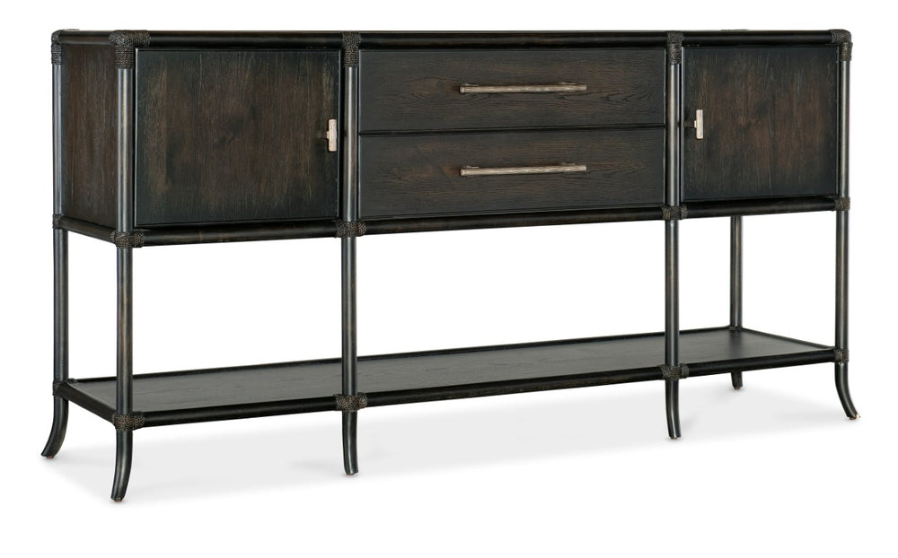 Hooker Furniture Retreat Pole Rattan Sideboard With Rope Accents, Dune Oak Veneer, Soft Pewter Hardware & Storage Dark Wood 6950-75917-99