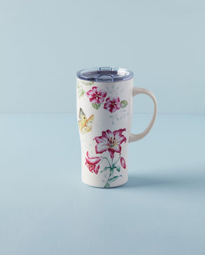 Lenox Butterfly Meadow Pink Flowers Stainless Steel Car Coffee Mug Ivory, IVORY METAL 895745