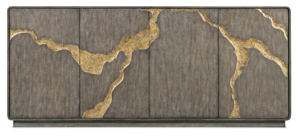 Hooker Furniture Melange Dark Oak Fissured Entertainment Credenza With Gold Accents, Olive Interior & Media Storage 628-55068-89