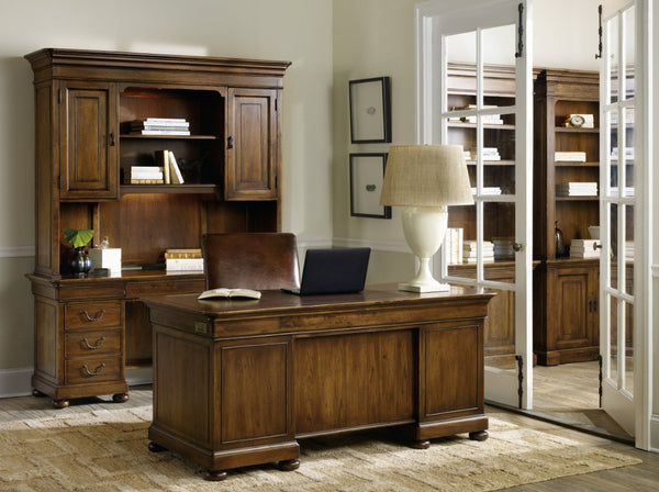 Hooker Furniture Archivist Pecky Pecan Executive Desk With Leather Writing Surface, Antique Bronze Hardware & Storage 5447-10563