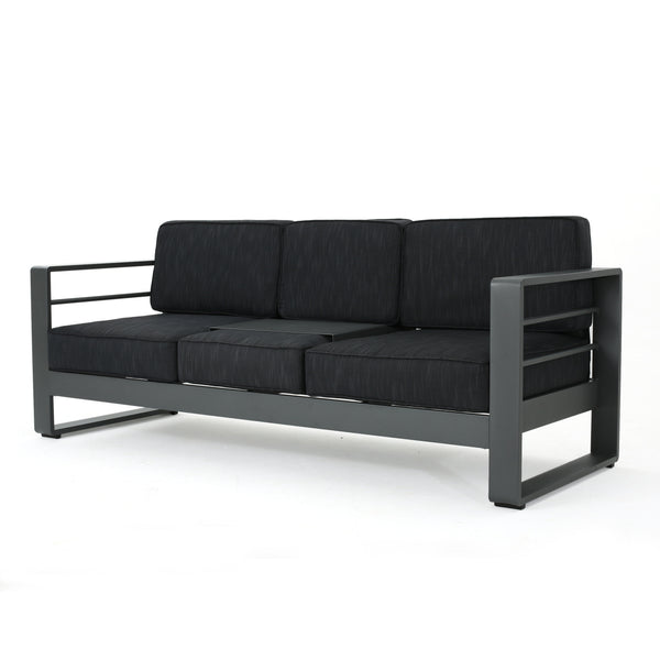 English Elm Christopher Knight Home® - CAPE modern 3-seater outdoor sofa with aluminum frame, convertible tray table, water-resistant cushions DARK GREY 58981.00CUSGRY