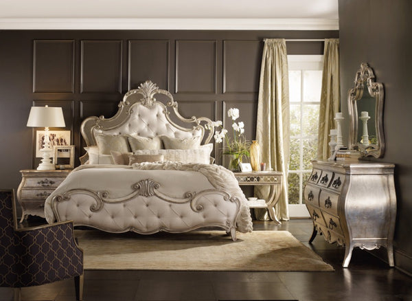 Hooker Furniture Sanctuary Tufted Queen Bed With Samantha Cream Upholstery, Bardot Silver-Leaf Finish & Mirror Trim Beige 5413-90850