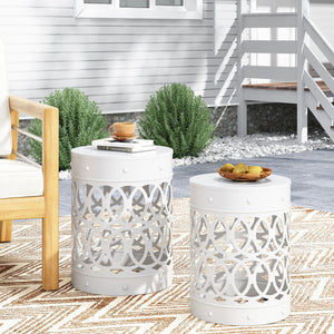 English Elm Outdoor Powder-coated Iron Nesting Accent Tables Set of 2 Laser-cut Circle Design White 73606.00WHI