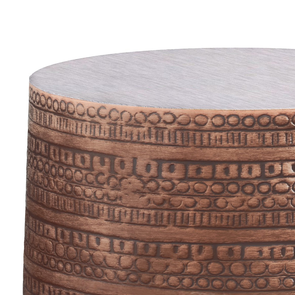English Elm Johnsen Handcrafted 15-Inch Tribal Pattern Metal Accent Table - Antique Copper Boho Style Decor B136P158961