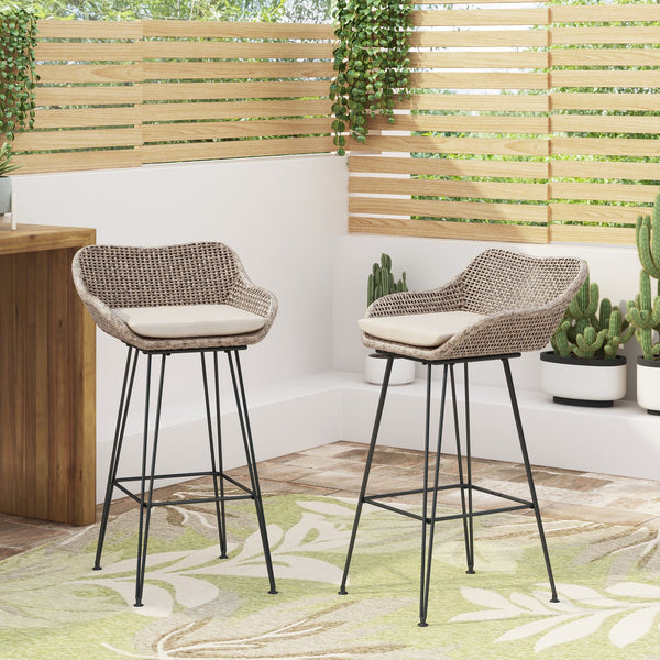 English Elm Pe Rattan Outdoor Bar Stools All Weather Woven Set with Cushioned Seats for Patio 71503.00MLBRN