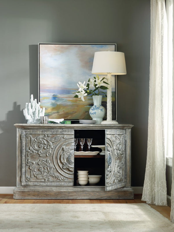 Hooker Furniture Melange Intricately Carved Two-Door Console With Driftwood Whitewash, Aged Silver Pull, Storage 90" 5701-85002