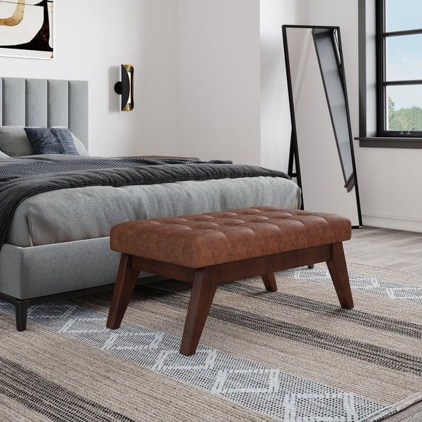 English Elm Draper Mid Century Tufted Ottoman Bench with Distressed Vegan Faux Leather Upholstery, 40" W Dark Brown B136P159074