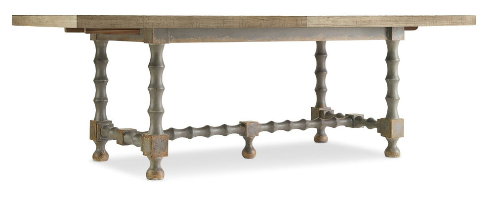 Hooker Furniture Ciao Farmhouse Trestle Dining Table 84" Expandable To 120" With Two 18" Leaves, Distressed Gray Natural Top 5805-75200-85