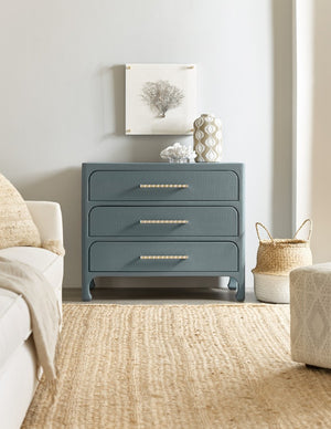 Hooker Furniture Serenity Raffia Accent Chest With Soft-Close Drawers, Champagne Pulls & Sand Dollar Grasscloth Texture Blue 6350-85001-45