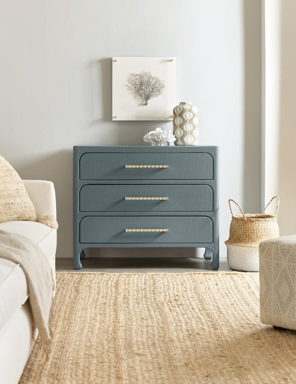 Hooker Furniture Serenity Raffia Accent Chest With Soft-Close Drawers, Champagne Pulls & Sand Dollar Grasscloth Texture Blue 6350-85001-45