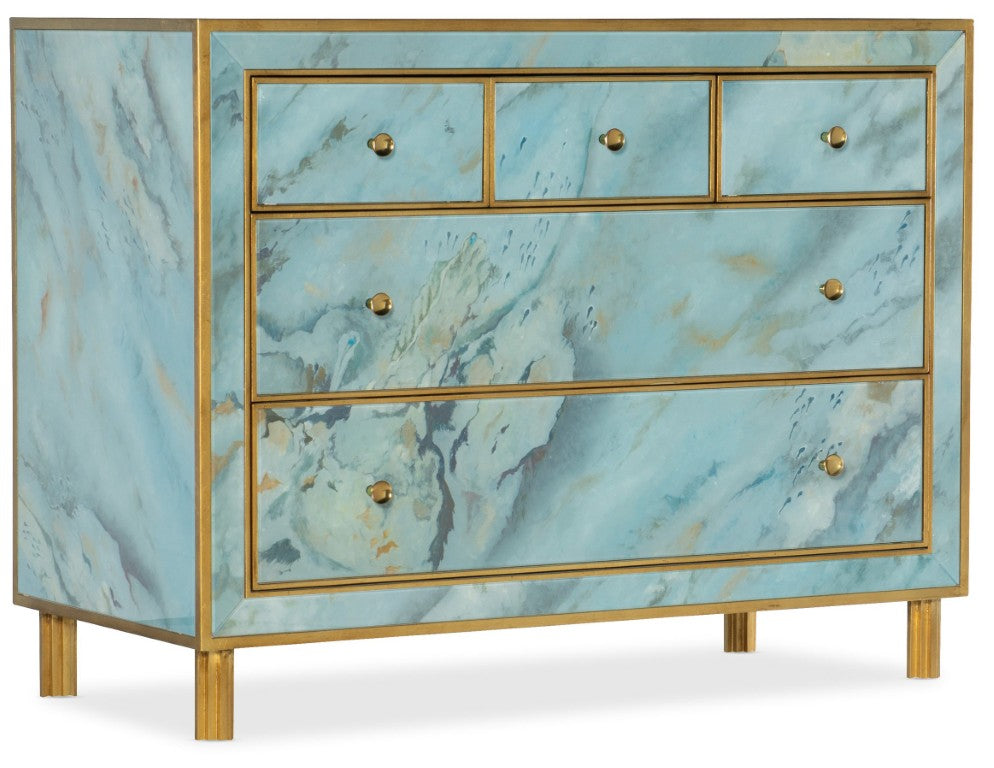 Hooker Furniture Melange Handpainted Sorrell Five-Drawer Chest In Blue Lagoon With Gold-Leaf Legs And Brass Knobs 638-85525-00
