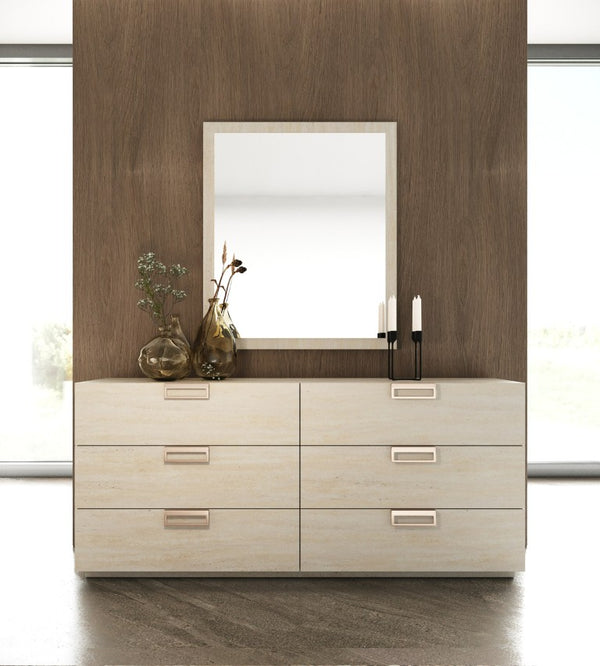 VIG Furniture Lago Faux Travertine Dresser With 6 Soft-Close Drawers, Rose Copper Handles, Durable Modern Style VGAC-LAGO-DRS