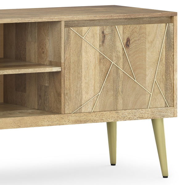 English Elm Jager Mango Wood TV Media Stand 60" Natural with Geometric Brass Inlay, Soft-Close Cabinets & Mid-Century Flair B136P158754