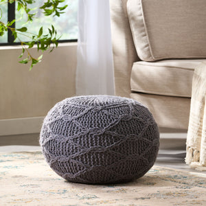 English Elm Christopher Knight Home® - MALIBU Knitted Wool Round Pouf 20" x 20" x 14" — Handcrafted Modern Knit Weave Accent for Cozy Living Spaces Charcoal 60494.00CHAR