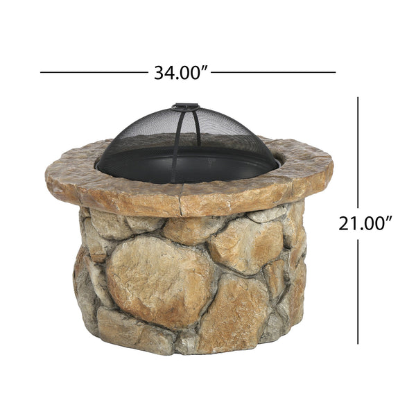 English Elm 34" Outdoor Concrete Wood Burning Fire Pit with Rustic Stone Finish for Patio Gatherings 60655.00