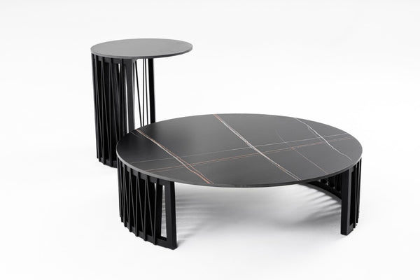 VIG Furniture Larimer Modern Nesting Round Coffee Table Set With Matte Black Ceramic Tops And Solid Wood Slat Base VGDW-J5925AB-GRN-CT