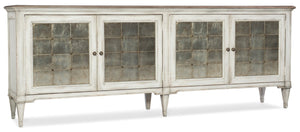Hooker Furniture Melange Four-Door Credenza With Champagne Crackle Finish, Eglomisé Accents & Media-Ready Storage 1610-85006-WH