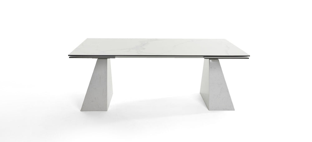 VIG Furniture Latrobe 79–118" Extendable Ceramic Marble-Look Dining Table With Quartz-Finish Base, Modern Glam Comfort VGYFDT8765-5C-WHT-DT