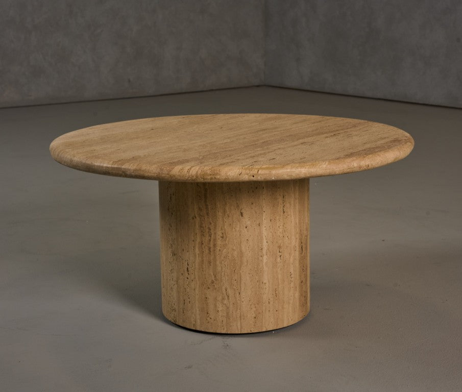 VIG Furniture Lavaca Travertine Marble Round Coffee Table — Sculptural Drum Base, Natural Veining, 31.5" W VGBR-SBA-4800-CTSM