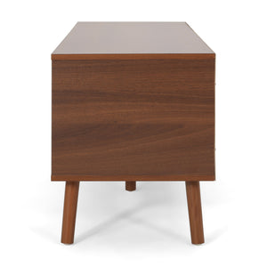 English Elm Tv Stand Mid-century Modern with Splayed Pine Legs and Three Staggered Storage Drawers 66758.00WALNWHT