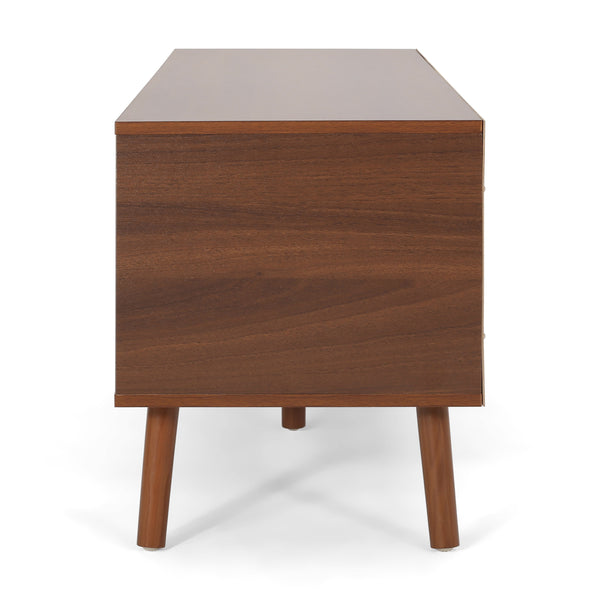 English Elm Tv Stand Mid-century Modern with Splayed Pine Legs and Three Staggered Storage Drawers 66758.00WALNWHT