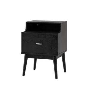 English Elm Christopher Knight Home® - DISA Mid-Century 1-Drawer Nightstand in Black Faux Wood with Splayed Legs, Silver Pull, Compact Storage 71156.00BLK