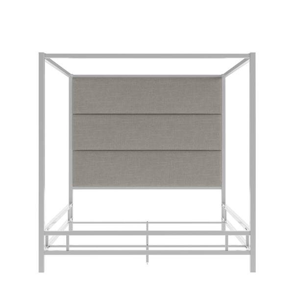 Homelegance By Top-Line Marcel Chrome Finish Metal Canopy Bed with Linen Panel Headboard Chrome Metal