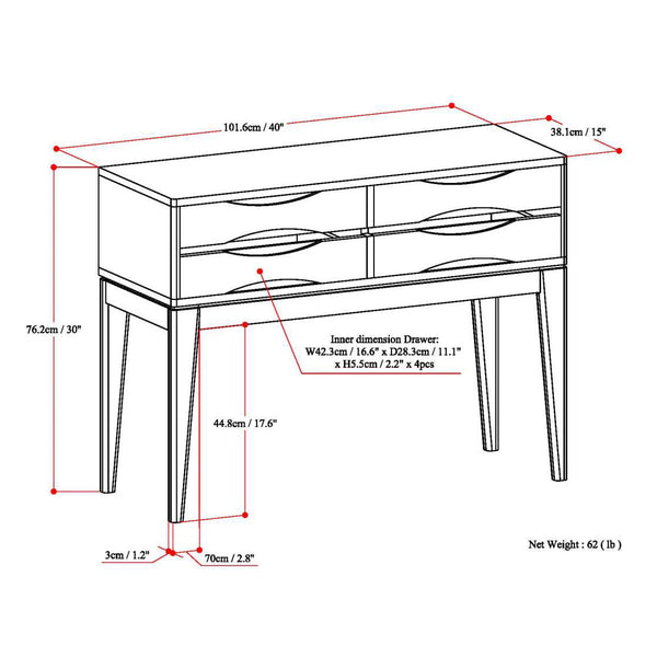 English Elm Harper Hallway Console Table - Mid-Century Style With Walnut Finish, 4 Spacious Drawers For Storage B136P158163