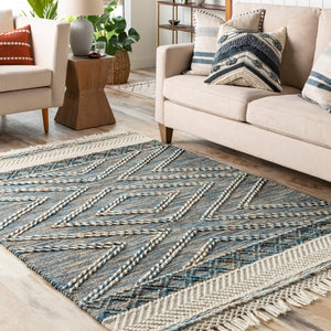 Surya Lucia Handmade 27" X 45" Cottage-style Rug - Elegant Fringe, High/Low Texture, Perfect For Cozy Homes! Blue Wool,Polyester Lci2301-2339