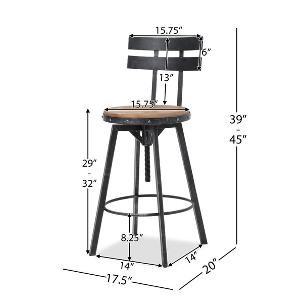 English Elm Christopher Knight Home® - METAL Barstool with Antique Firwood Seat and Black Brush Silver Frame — Rustic Chic Kitchen Seating 60164.00