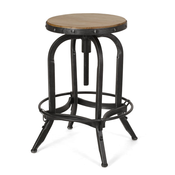 English Elm Christopher Knight Home® - Industrial Firwood Adjustable Swivel Barstools Set of 2 — Rustic Pewter Iron Frame, Height-Adjustable Comfort 67373.00